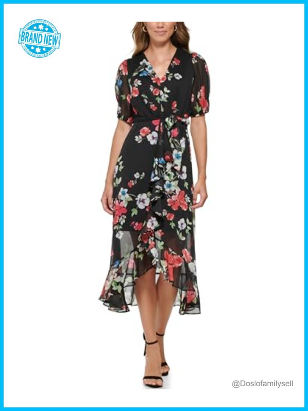 Ruffle Hem V-Neck Puff Sleeve Midi Dress A-Line Work Casual